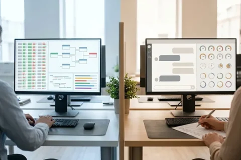Two workstations side by side, one running automated tests with AI help and one scoring chatbot answers, comparing AI-assisted software testing