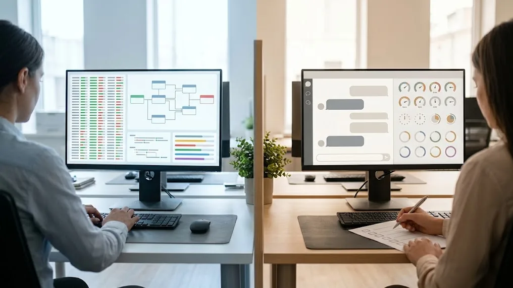 Two workstations side by side, one running automated tests with AI help and one scoring chatbot answers, comparing AI-assisted software testing