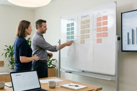 IT and finance managers planning Copilot license optimization at a whiteboard, moving seat cards between teams based on usage charts