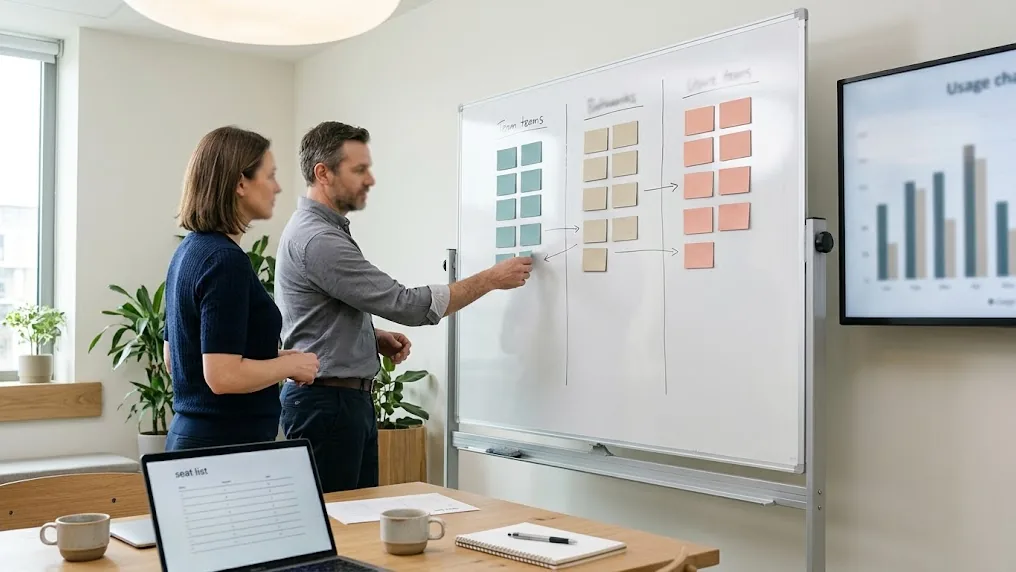 IT and finance managers planning Copilot license optimization at a whiteboard, moving seat cards between teams based on usage charts